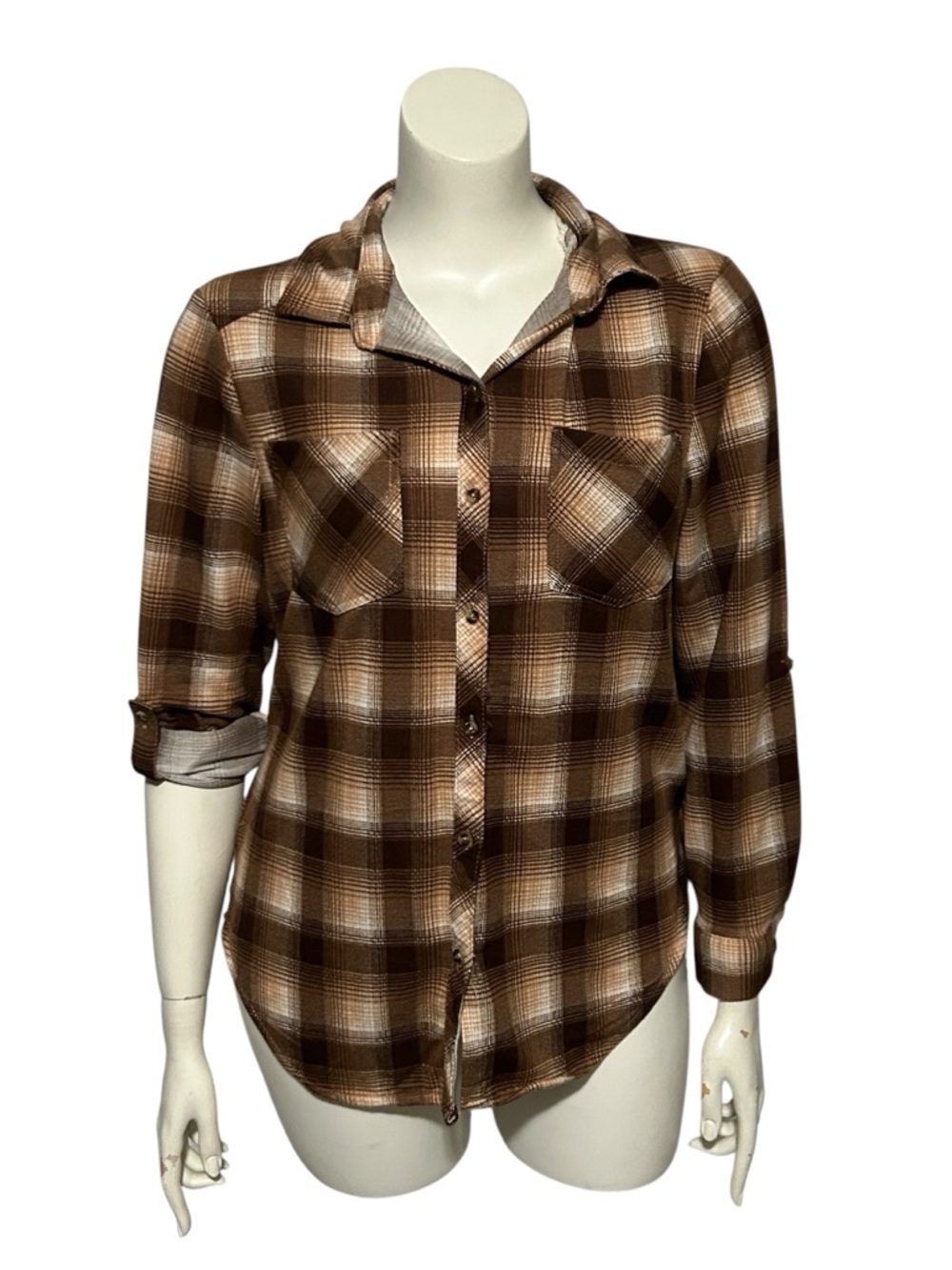 Love Potion Brown Plaid Flannel Shirt Women's XL Fuzzy Lined Long Sleeve